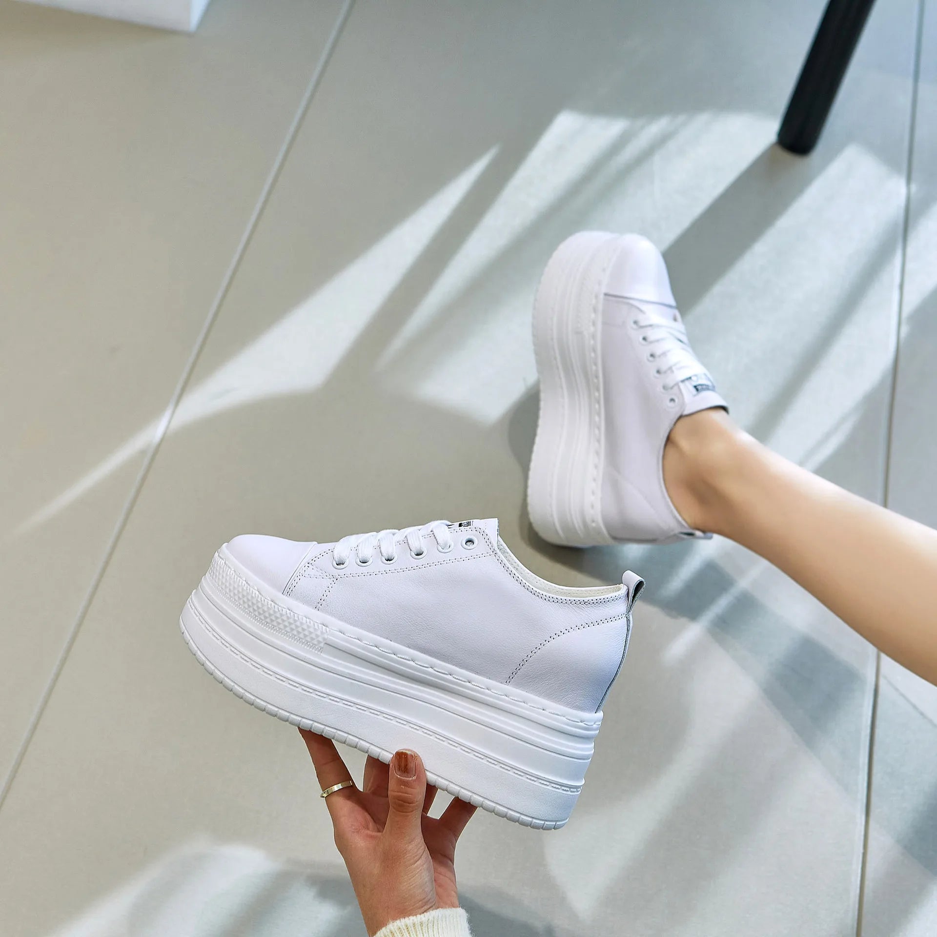 Fujin 9cm Full Cow Genuine Leather Platform Sneakers Wedge Super High Heel Women Casual Shoes Chunky Sneakers Summer Autumn