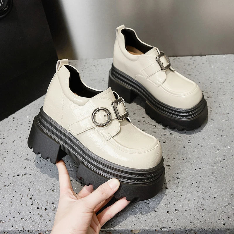 AUTUSPIN 2025 New Increased Internal Women Loafers Fashion Leather High Thick Heels Chunky Platform Ladies Tide Shoes Round Toe