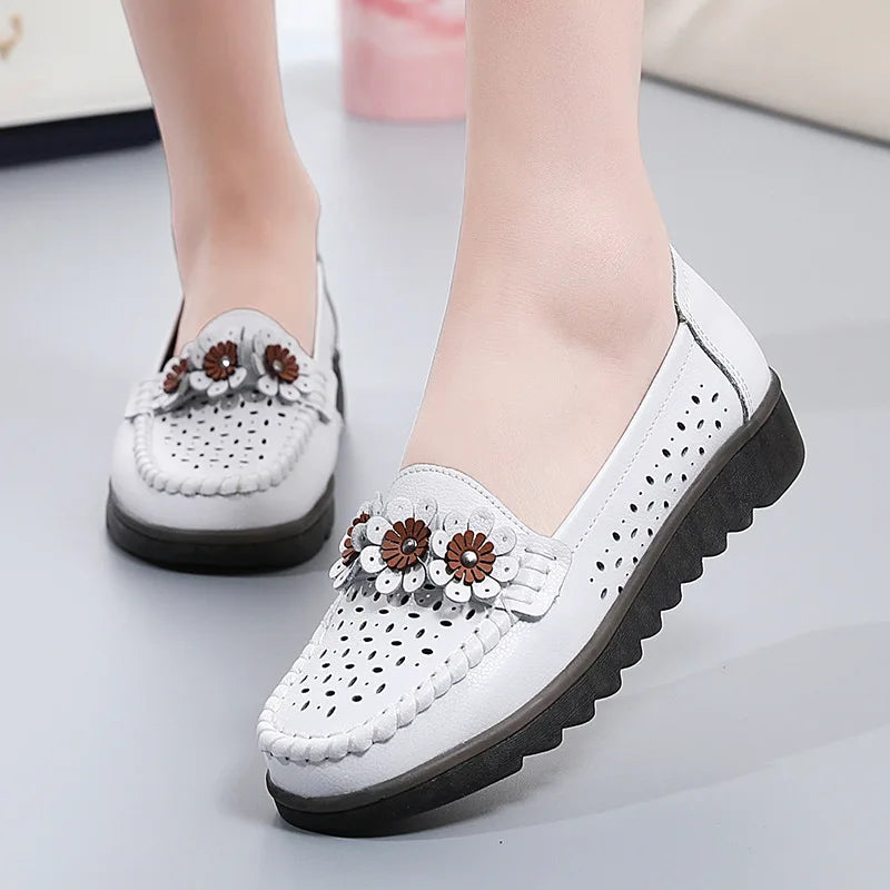 WOIZGIC Women Female Ladies Mother Genuine Leather Shoes Flats Loafers Platform Hollow Slip On Summer Cool Flowers Moccasins