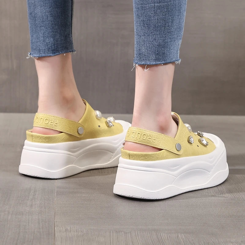 AUTUSPIN Yellow Sandals Women Summer New Design Ladies Shoes Wide Toe Fashion Hollow Out Sandalias Woman Beach Chunky Slippers