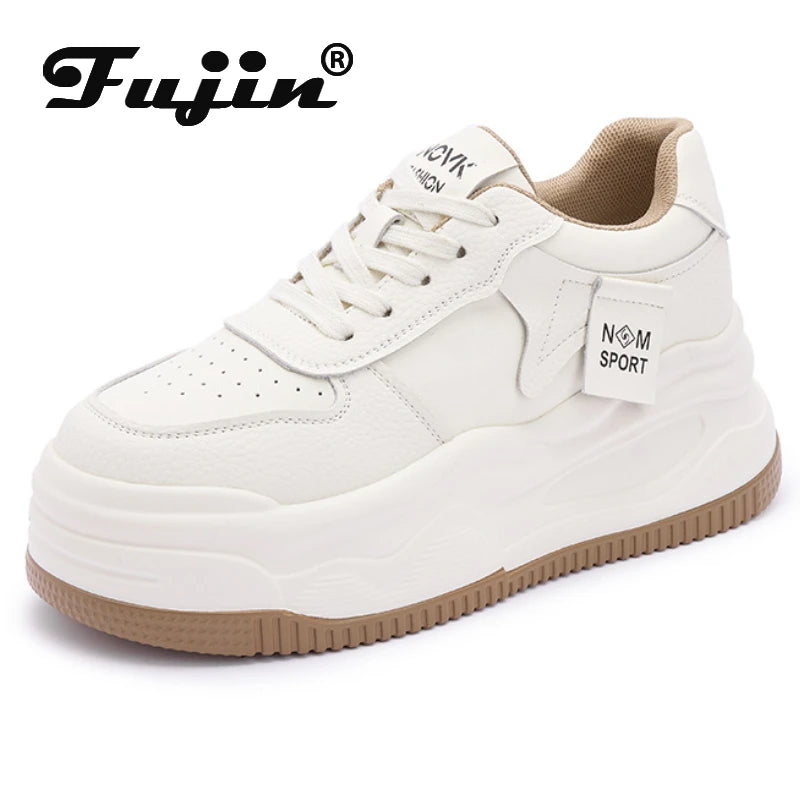 Fujin 8.5cm Genuine Leather Women Vulcanize Chunky Sneakers Women Summer Hidden High Heels Platform Wedge Summer Mesh Shoes