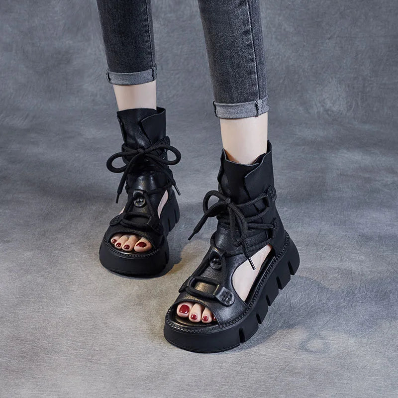 DRKANOL High Quality Women Sandals Handmade Retro Wedges Heel Sandals Ladies Summer Back Zipper Platform Roman Cool Boots