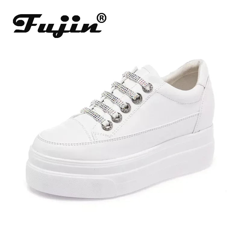 Fujin 8cm Air Mesh Genuine Leather Women Platform Shoes Chunky Sneakers Breathable Women Casual Fashion Sneakers White Summer