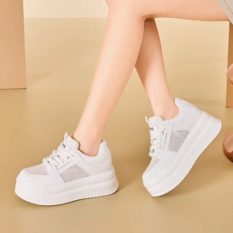 Koznoy 8.5cm Air Mesh Microfiber Leather Women Vulcanize Summer Breathable Lady High Brand Chunky Sneakers Platform Comfy Shoes
