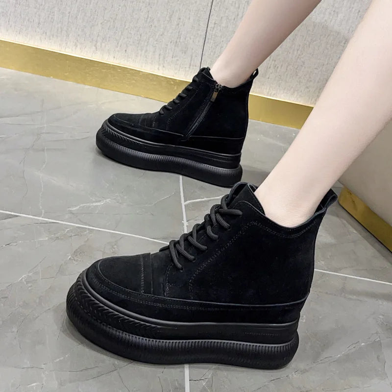 Fujin 10cm Suede Cow Genuine Leather Spring Motorcycle Fashion ZIP Ankle Boots Platform Wedge Flats Women Autumn British Shoes