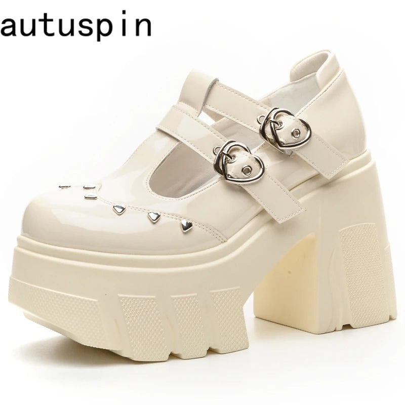 AUTUSPIN Metal Love Decoration Women Pumps High Platform Punk Woman Shoes Summer Round Toe 11cm Block Heels Party Wedding Shoes