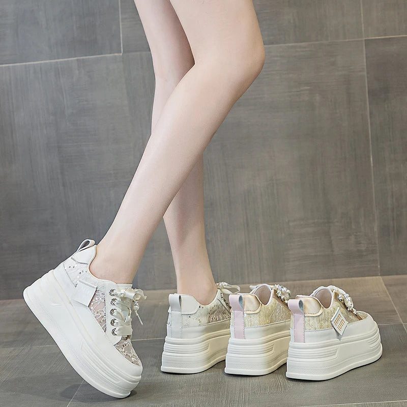 Autuspin Size 34-39 Ladies Summer Lace Shoes Fashion Bling Decoration Flats Platform Loafers Women Genuine Leather Daily Shoes