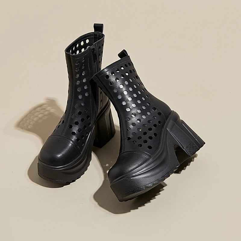 Autuspin 10cm Women Summer Short Boot Fashion Hollow Genuine Leather Thick High Heels Ladies Round Toe Ankle Boots Shoes Woman