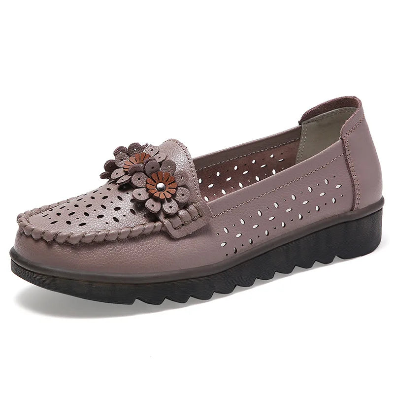 WOIZGIC Women Female Ladies Mother Genuine Leather Shoes Flats Loafers Platform Hollow Slip On Summer Cool Flowers Moccasins
