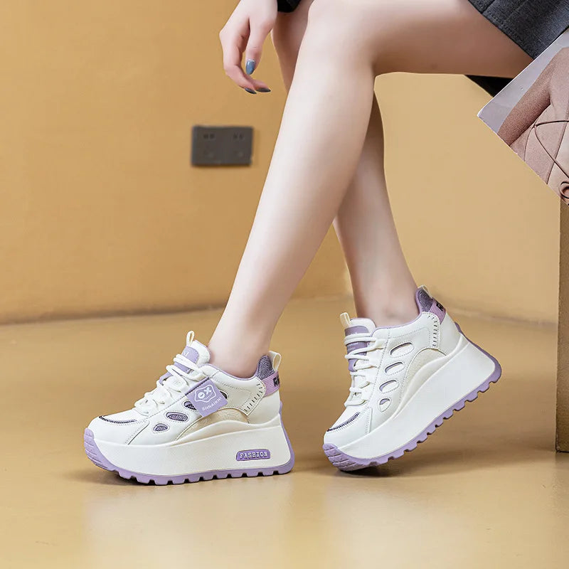 Fujin 7cm Air Mesh PU Microfiber Leather Breathable Flats Hollow Flats Women Shoes Chunky Sneaker Fashion Platform Wedge Sandals