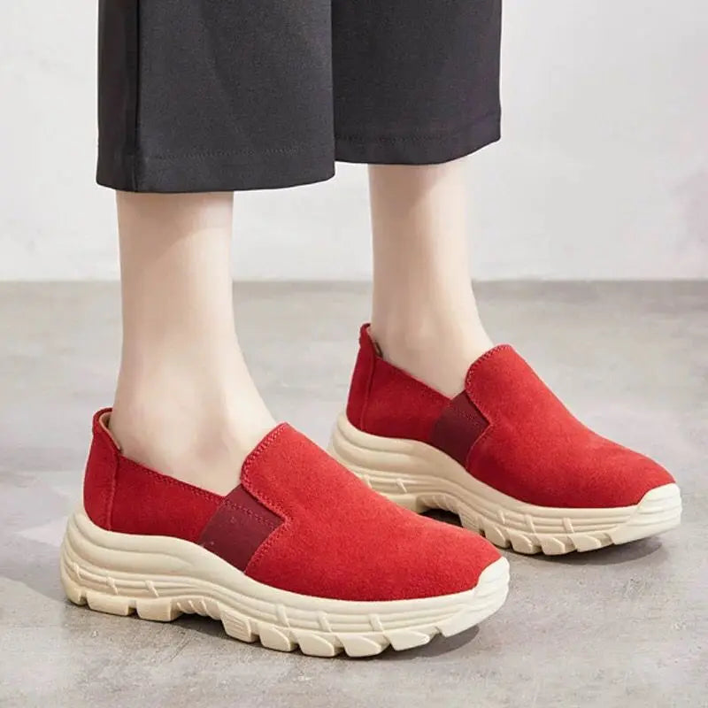 WOIZGIC Women Flats Ladies Mother Female Cow Suede Genuine Leather Shoes Loafers Sports Non Slip Breathable Vulcanized Shoes