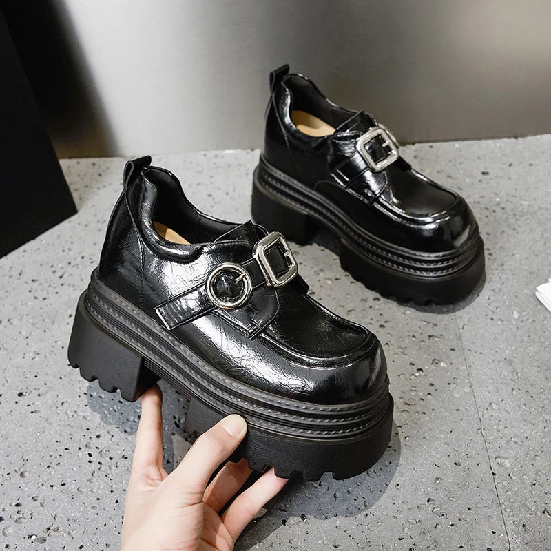 AUTUSPIN 2025 New Increased Internal Women Loafers Fashion Leather High Thick Heels Chunky Platform Ladies Tide Shoes Round Toe