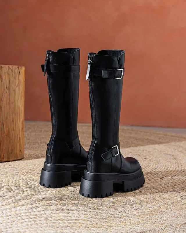 Fujin 4 Inch 10cm Knee High Boots Genuine Leather Zip Comfortable Platform Wedge Heel Booties Sexy Motorcycle Casual Shoes