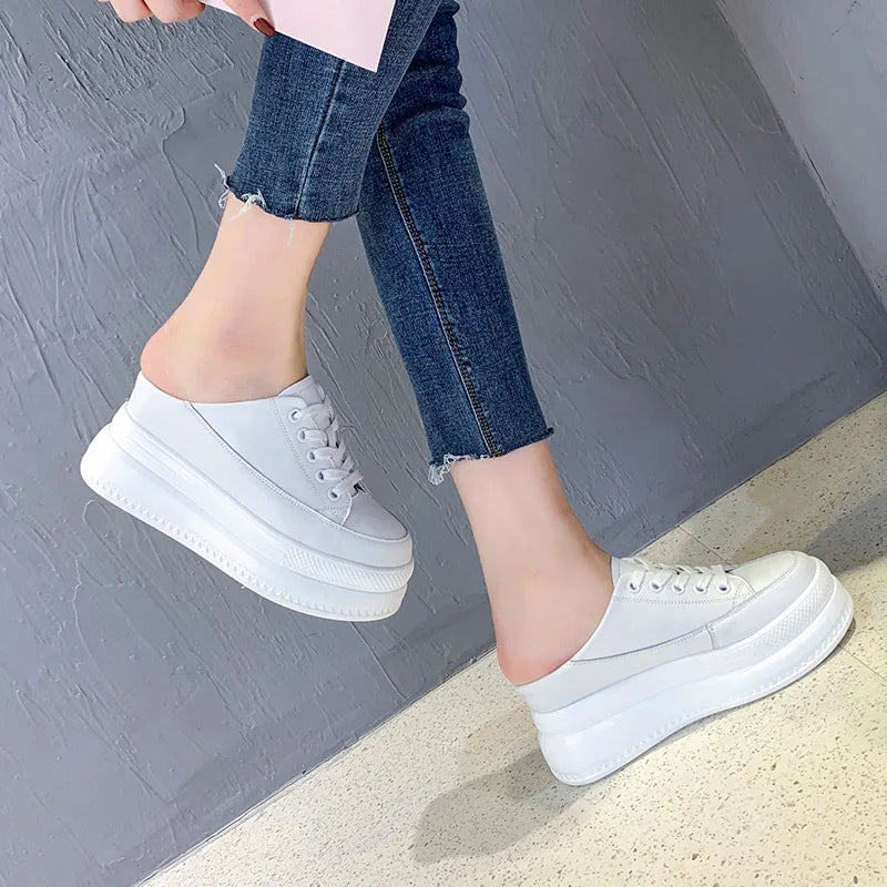 Fujin 8cm Genuine Leather Sneakers Platform Wedge Hidden Heel Booties Autumn Ankle Boots Non Slip Flats Women's Slippers  Shoes
