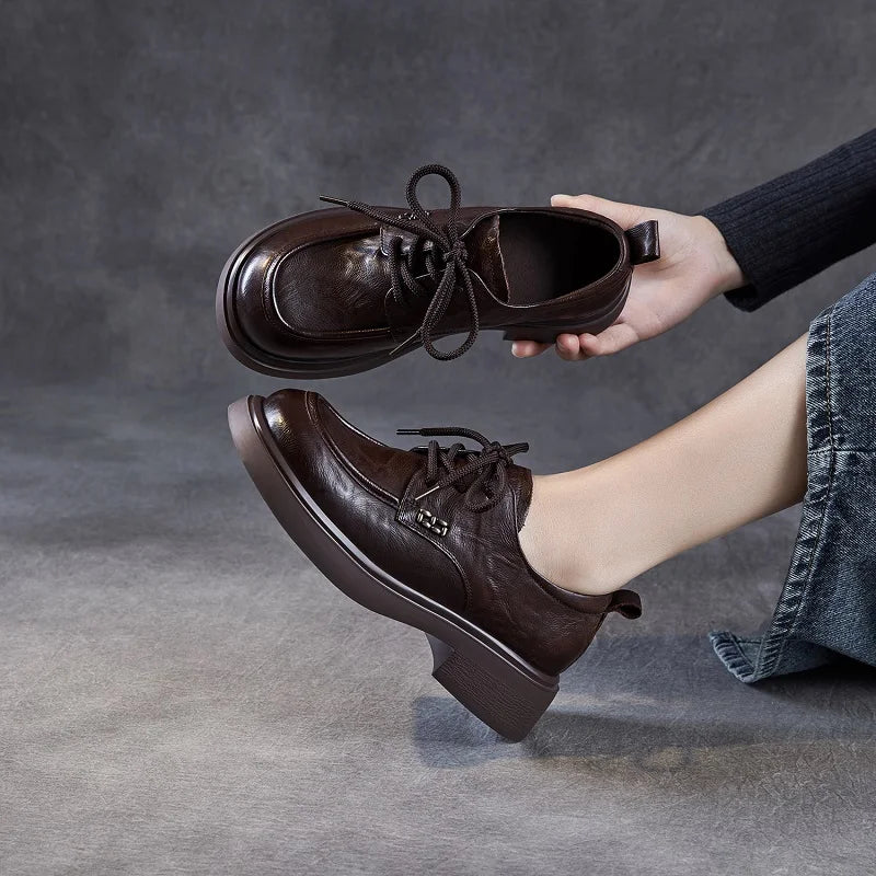 DRKANOL 2025 Women Genuine Leather Shoes Handmade Retro British Style Thick Heel Round Toe Comfort Casual Single Shoes H258569Z