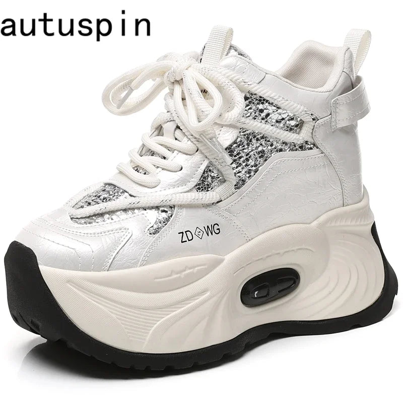 AUTUSPIN 9.5cm Platform Wedge Sneakers for Women Winter Spring Tide Trendy Soft Leather Ladies Chunky Shoes Woman Ankle Boots