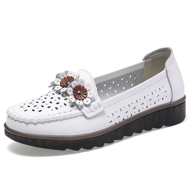 WOIZGIC Women Female Ladies Mother Genuine Leather Shoes Flats Loafers Platform Hollow Slip On Summer Cool Flowers Moccasins
