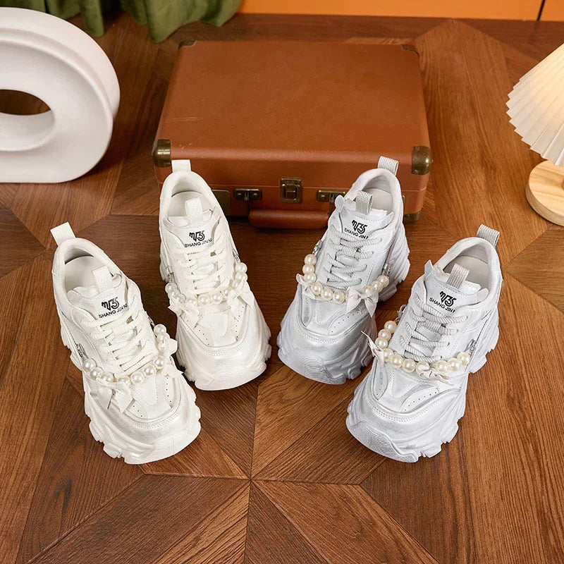 AUTUSPIN High Platform Chunky Shoes 2025 Women Fashion Beads Chains Decoration Sneakers Korean Style Female Vulcanized Shoes