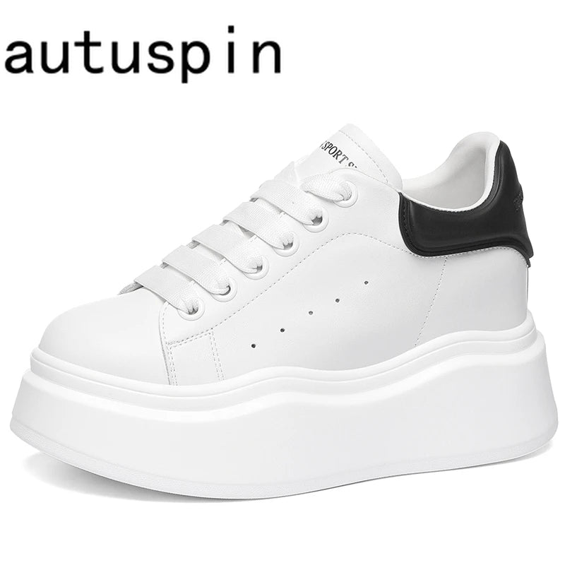 AUTUSPIN 6cm Chunky Shoes for Women Genuine Leather Lace Up Vulcanized Sneakers Spring Fashion Casual Non Slip Platform Sneaker