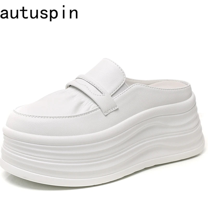 AUTUSPIN Flats Platform Women Slippers High Chunky Bottom Ladies Mules Shoes White Leather Tide Slides Slipper Woman Fashion