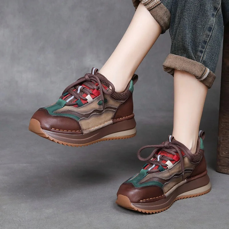 DRKANOL Fashion Women Casual Sneakers Spring Autumn Mixed Colors Genuine Cow Leather Thick Sole Chunky Platform Retro Shoes Lady