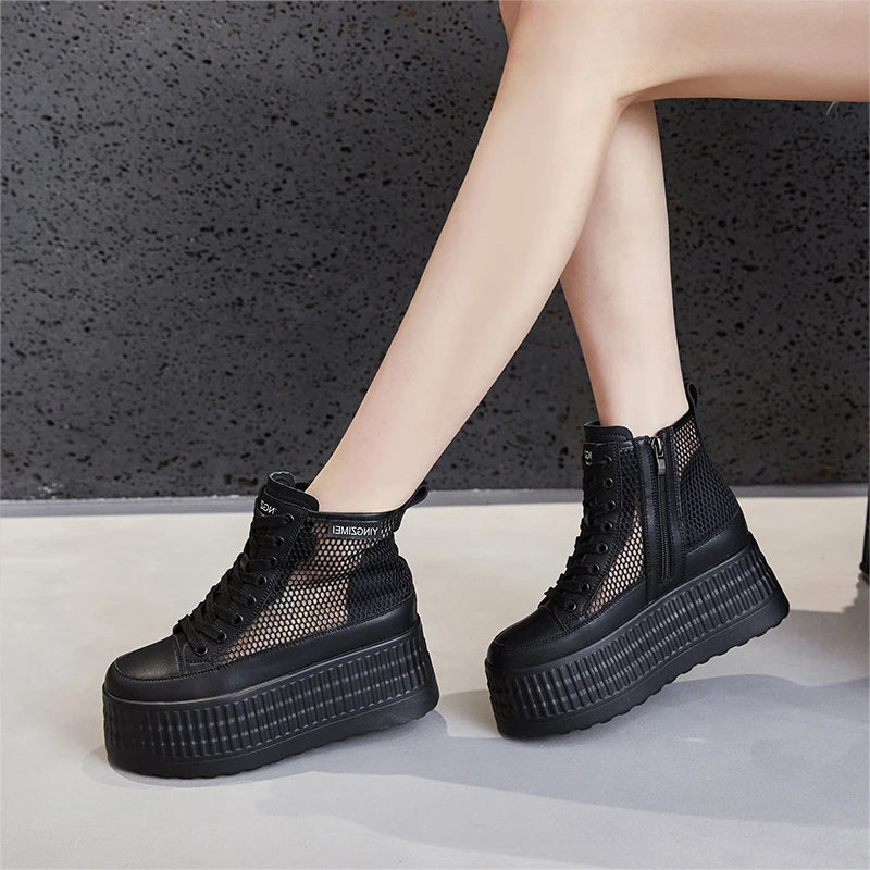 Autuspin Summer Women's Boots 2024 Fashion Breathable Mesh Shoes High Flats Platform Ladies Ankle Boot Women Trend Chunky Shoes