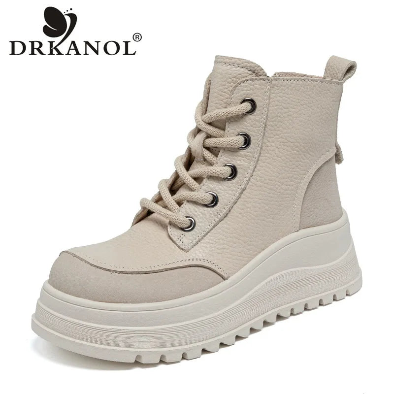 DRKANOL Fashion Women Thick Sole Wedges Heel Ankle Boots Spring Autumn Round Toe Genuine Leather Chunky Platform Casual Boots