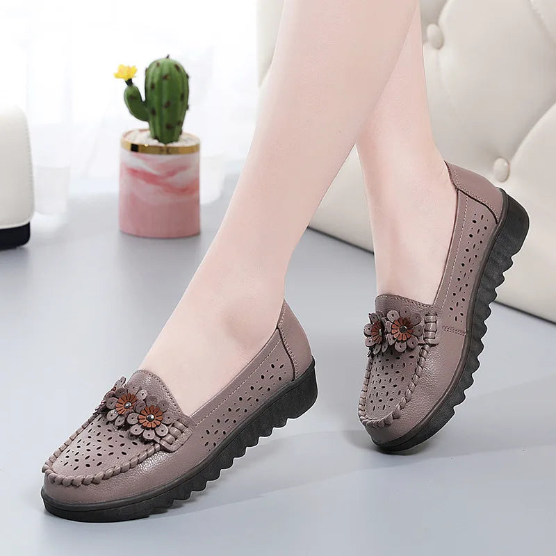WOIZGIC Women Female Ladies Mother Genuine Leather Shoes Flats Loafers Platform Hollow Slip On Summer Cool Flowers Moccasins