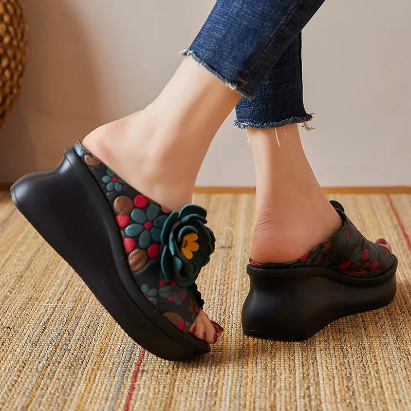 DRKANOL Summer Outside Wedges Slippers Women Printing Flowers Genuine Leather Peep Toe Platform Slippers Rthnic Style Slides