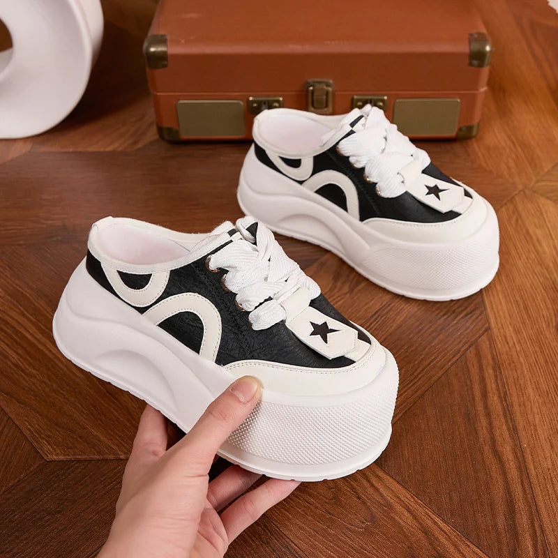 AUTUSPIN 6cm Platform Flats Sneakers for Women Summer Round Toe Slippers Fashion Wide Toe Leather Ladies Slides Shoes Lace-up