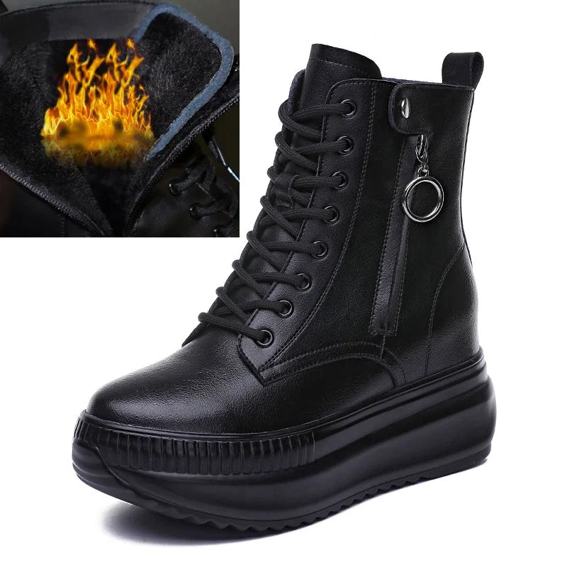 DRKANOL Height Increasing Ankle Boots For Women Real Cowhide Chunky Platform Casual Short Boots Autumn Winter Warm Shoes Black