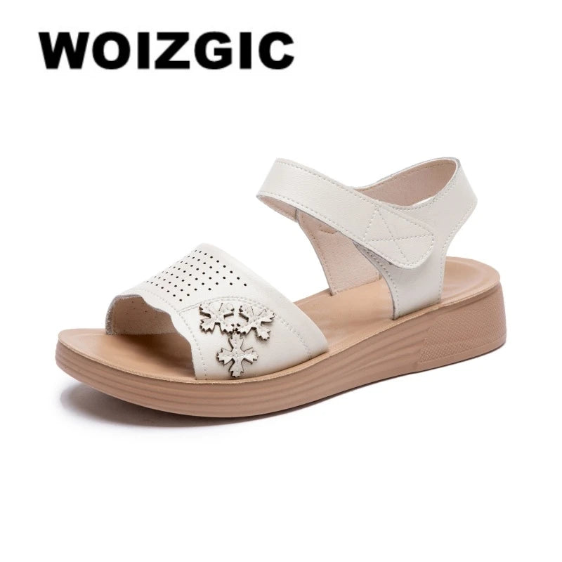 WOIZGIC Women's Female Ladies Mother Genuine Leather White Sandals Shoes Summer Beach Cool Soft Non Slip National Style