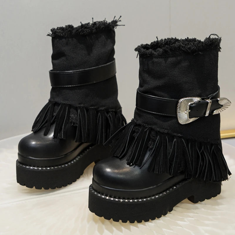 AUTUSPIN 12cm Hidden Heel Mid-calf Boots Women Retro Ethnic Tassel Morden Short Boots Female Genuine Cow Leather Platform Shoes