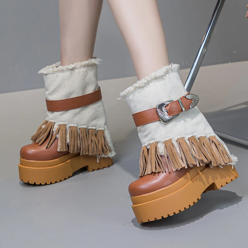 AUTUSPIN 12cm Hidden Heel Mid-calf Boots Women Retro Ethnic Tassel Morden Short Boots Female Genuine Cow Leather Platform Shoes
