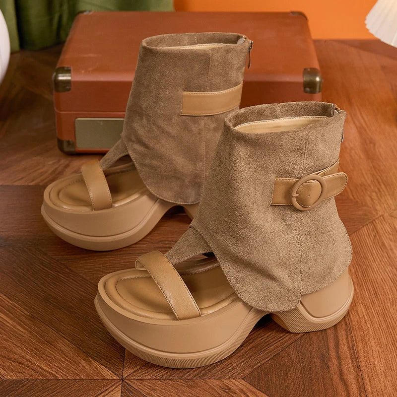 Autuspin Summer Peep Toe Shoes Women Fashion Hollow Out Sandals Boots Female Microfiber Leather Ladies Ankle Booties Streetwear