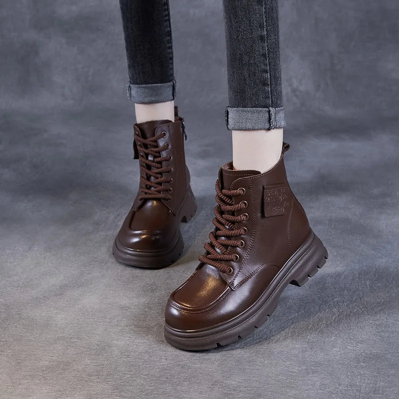 DRKANOL 2025 British Style Women Genuine Cow Leather Ankle Boots Autumn Winter Warm Thick Heel Platform Retro Casual Short Boots