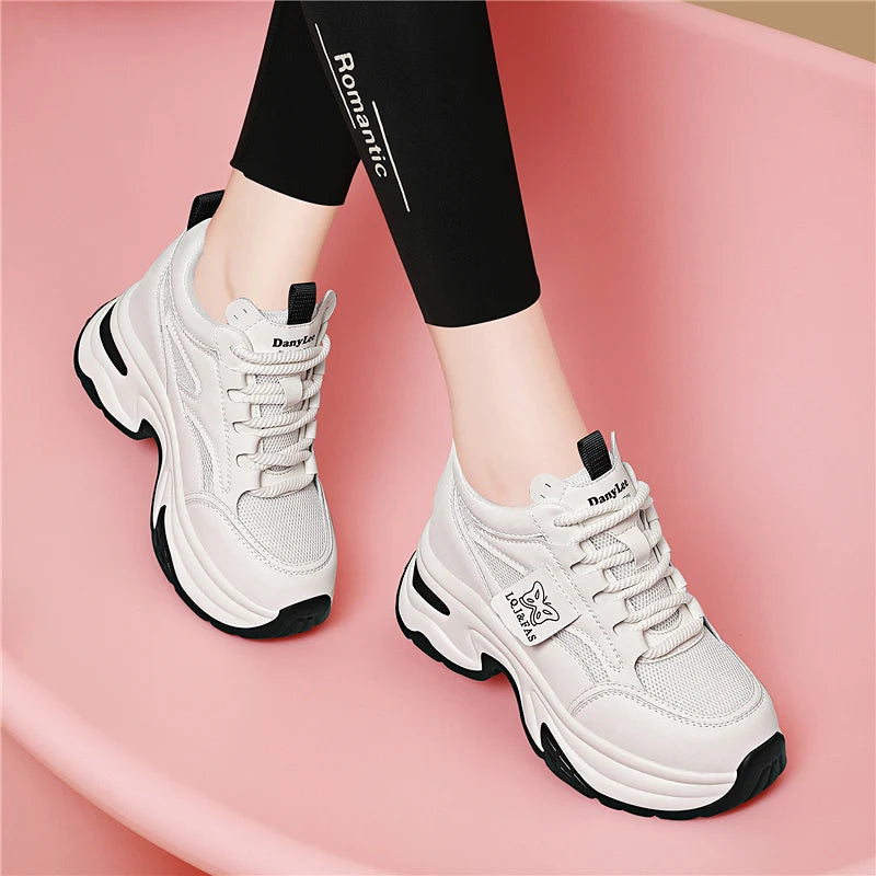 AUTUSPIN 9cm Wedges Platform Casual Shoes for Women Fashion Spring Breathable Mesh Sneakers Leisure Internal Heighten Footwear