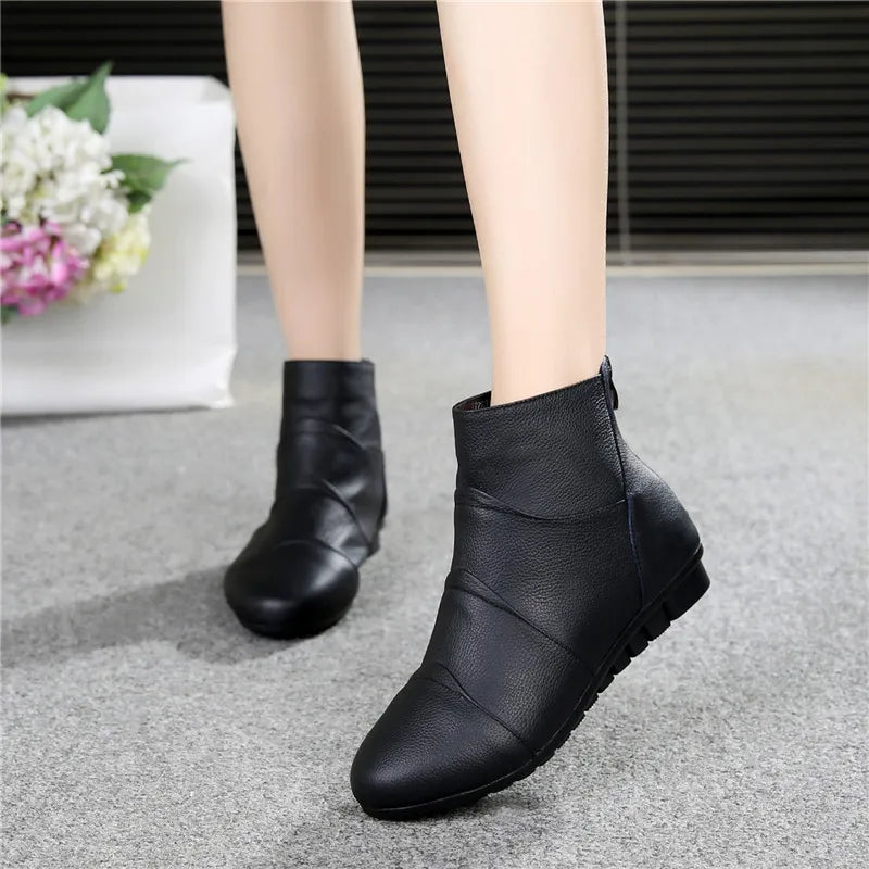 WOIZGIC Women's Ladies Female Mother Genuine Leather Shoes Platform Ankle Boots Zipper Autumn Winter Warm Plush Fur Plus Size