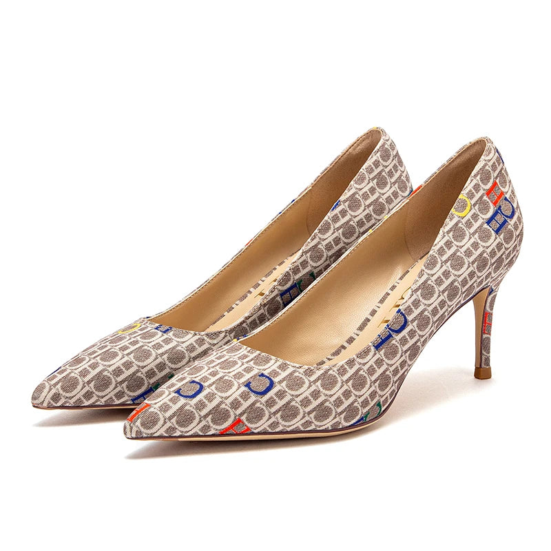 Classic style French ladies' high heels, shallow heel, letter cowboy print design, classic fashion.