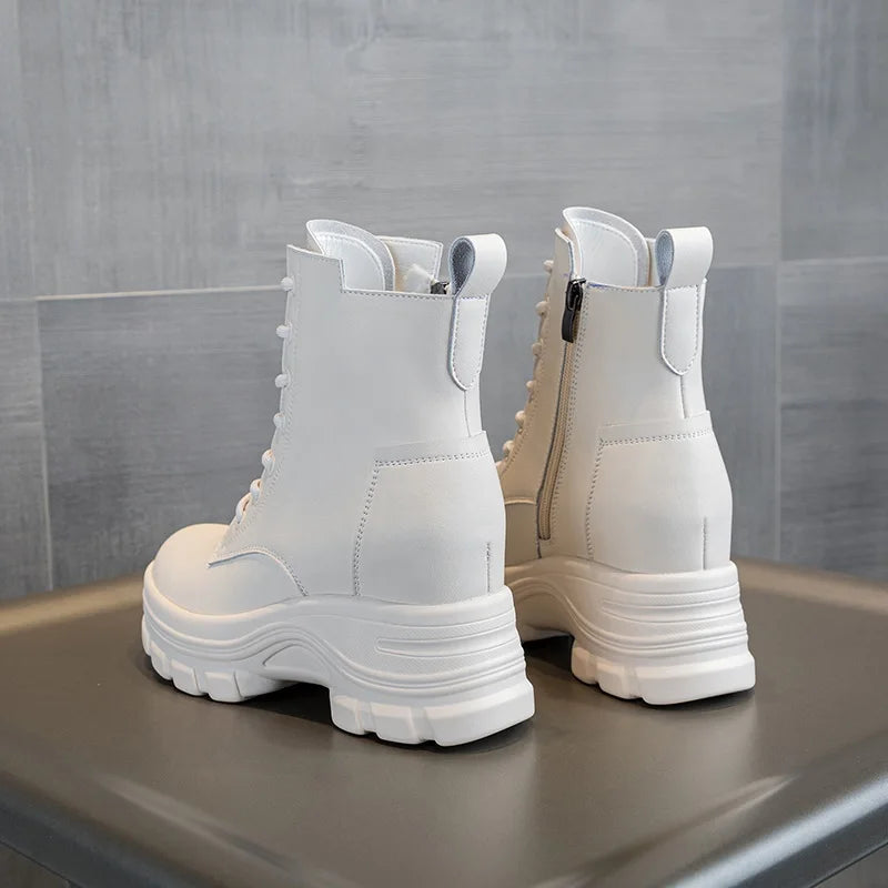 DRKANOL Fashion Women Height Increasing Boots Autumn Winter Warm Plush Platform Ankle Boots For Women Real Cowhide Wedges Shoes