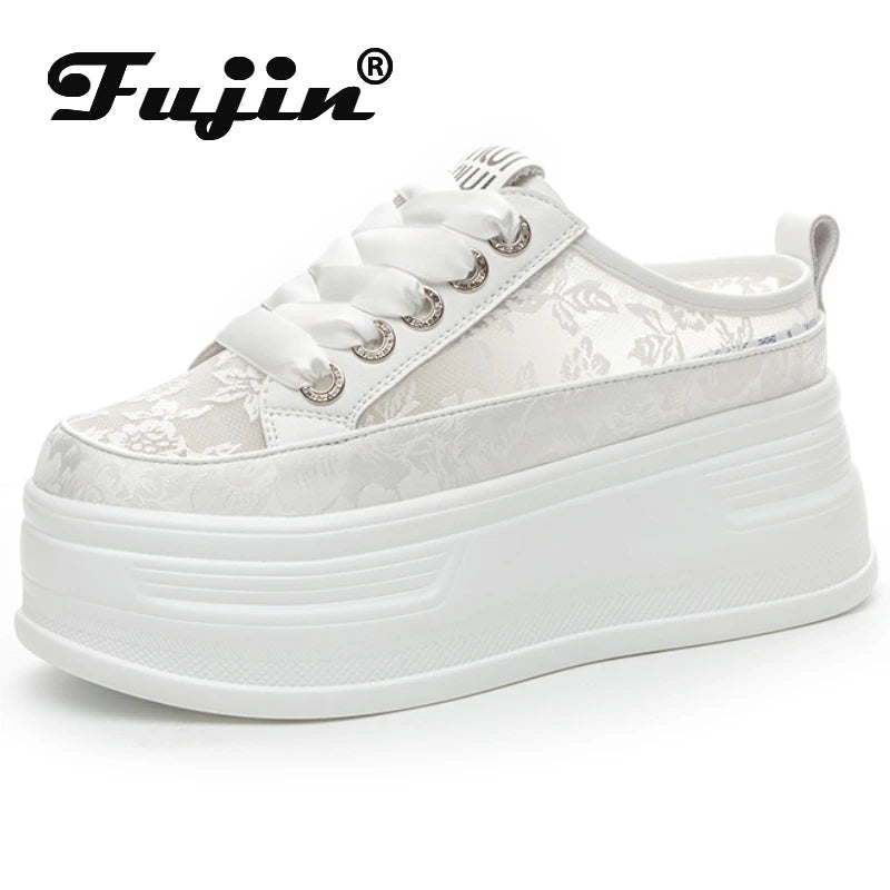 Fujin 8cm Air Mesh Ankle Boot Shoes Pumps Fashion Synthetic Platform Wedge Chunky Sneakers Comfy Summer Slipper Breathable Women