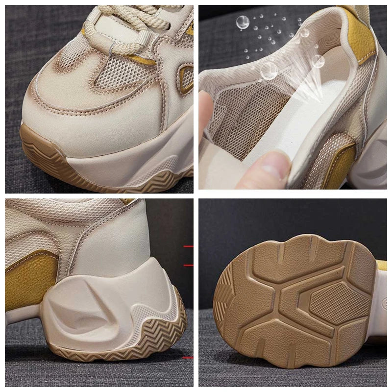 Fujin 7.5cm Air Mesh Microfiber Leather Flats Lace Up  Fashion Women Spring Platform Wedge Shoes Chunky Sneaker Vulcanize