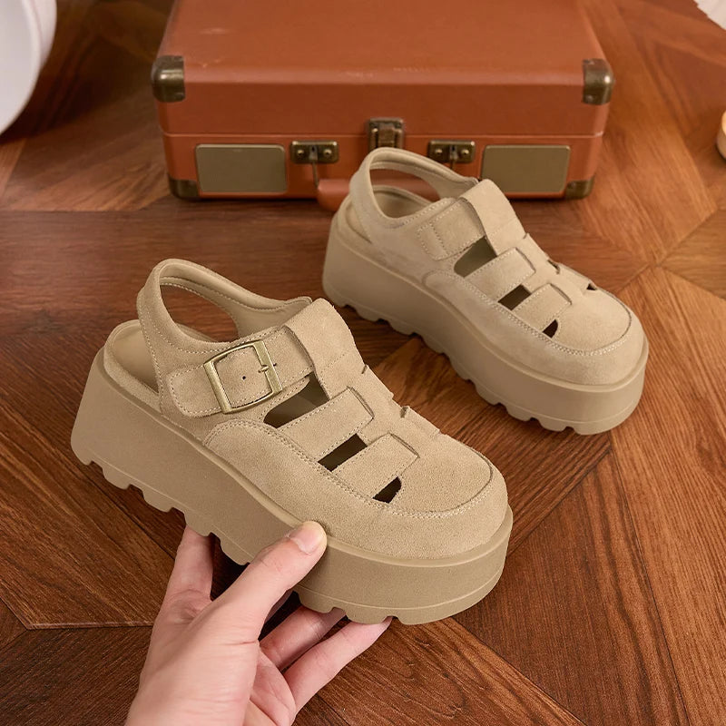 AUTUSPIN 7cm Women Wedges High Heels Fashion Thick Platform Woman Sandals Suede Leather Ladie Summer Shoes Beach Chunky Slippers