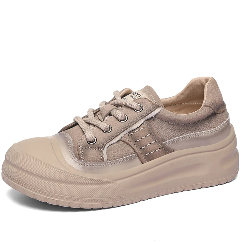 AUTUSPIN 4cm Chunky Flats Women Vulcanize Shoes Retro Leisure Genuine Cow Leather Skateboard Shoes Student Sport Sneakers Winter