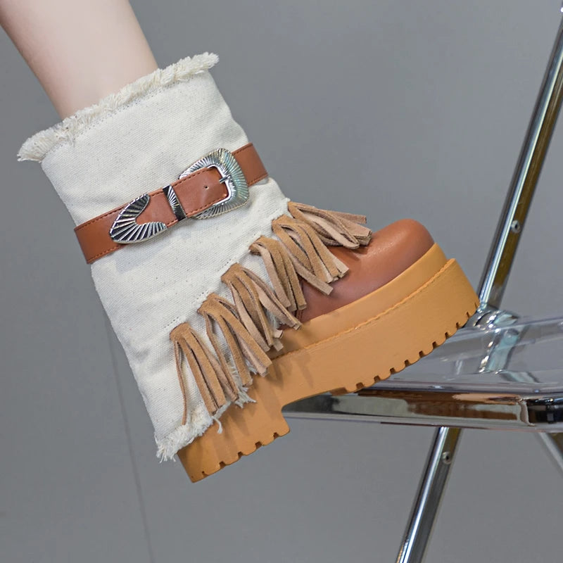 AUTUSPIN 12cm Hidden Heel Mid-calf Boots Women Retro Ethnic Tassel Morden Short Boots Female Genuine Cow Leather Platform Shoes