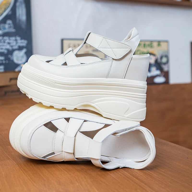 Autuspin 10cm Women Summer Gladiator Sandals High Quality Split Leather Wedges Platform Heels Weave Rome Style Beach Shoes Woman