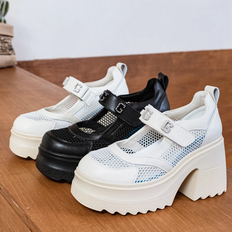 AUTUSPIN New Arrival Women Mary Janes Pumps Summer Round Toe Leather Mesh High Platform Shoes Female Sweet Crystal Block Heels