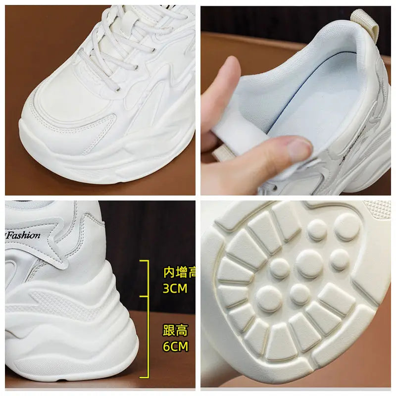 Fujin 9cm Genuine Leather Women Casual Shoes White Platform Wedge Hidden Heel Shoes White Chunky Sneakers Vulcanize Skateboard