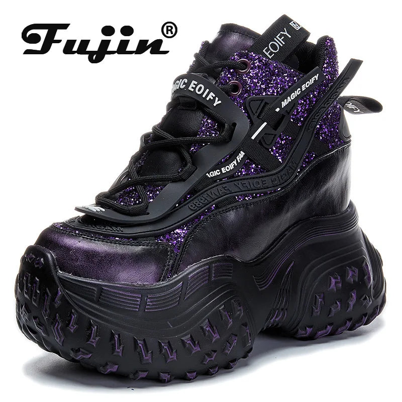 Fujin 12cm Microfiber Synthetic Chunky Sneakers Spring Shoes Genuine Leather Ankle Booties Bling Women Vulcanize Boots Autumn