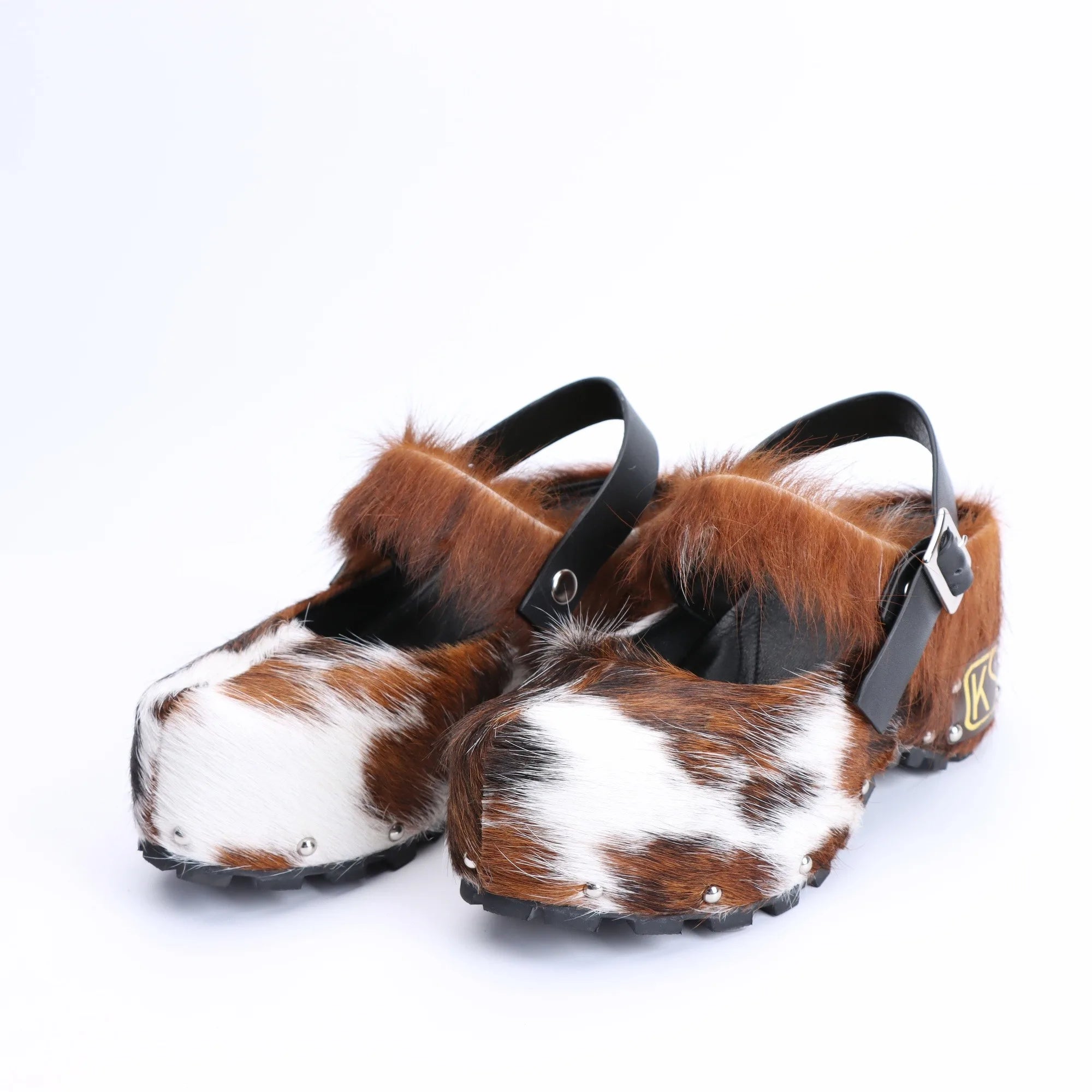 Handmade Platform Fur Clogs for Women, Arch Support Slip-On Luxury Leather Sandals with Natural Calf Hair, Studded Cowboy Style